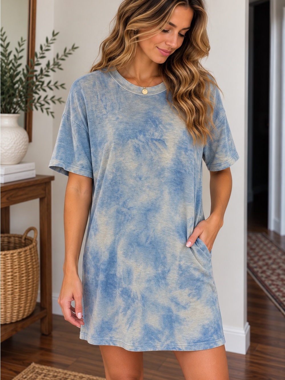 Cherish Blue and Cream Tie-Dye Pocket Tee Tunic